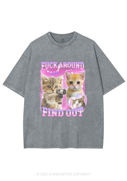 Fxxk Around Cats Y2K Shirts Washed Tee Cherrykitten
