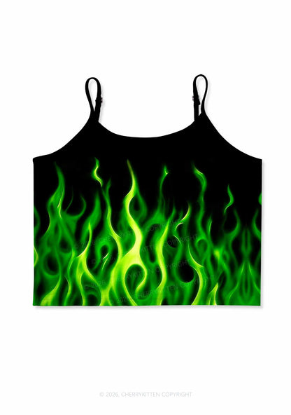 Neon Green Flame Y2K Print Cami Crop Top Cherrykitten