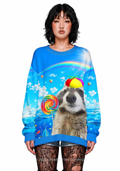 Rainbow Lollipop Raccoon Y2K Knit Sweatshirt Cherrykitten