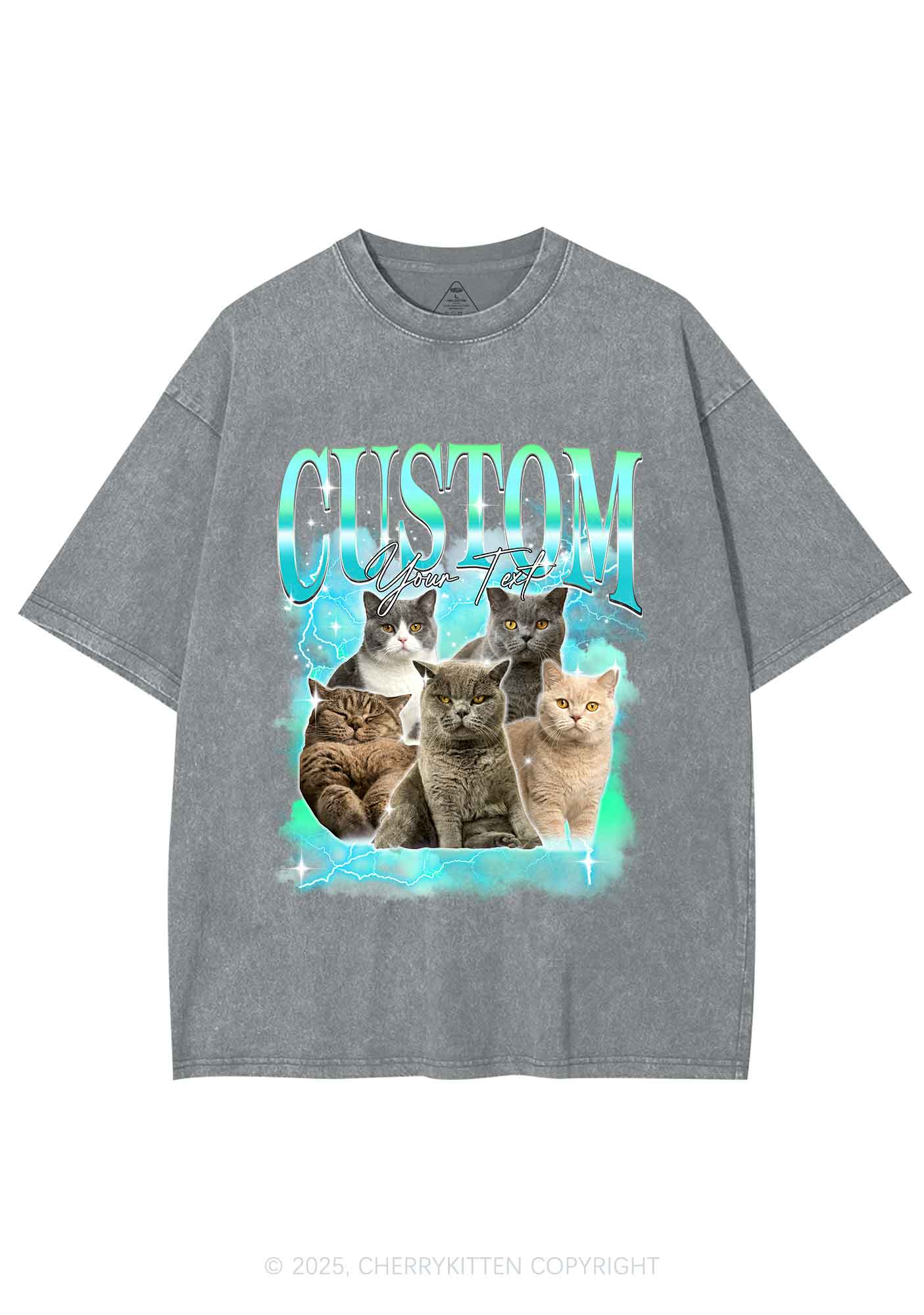 Custom Neon Lightning Cat Photo Y2K Shirts Washed Tee Cherrykitten