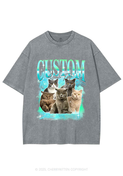 Custom Neon Lightning Cat Photo Y2K Shirts Washed Tee Cherrykitten