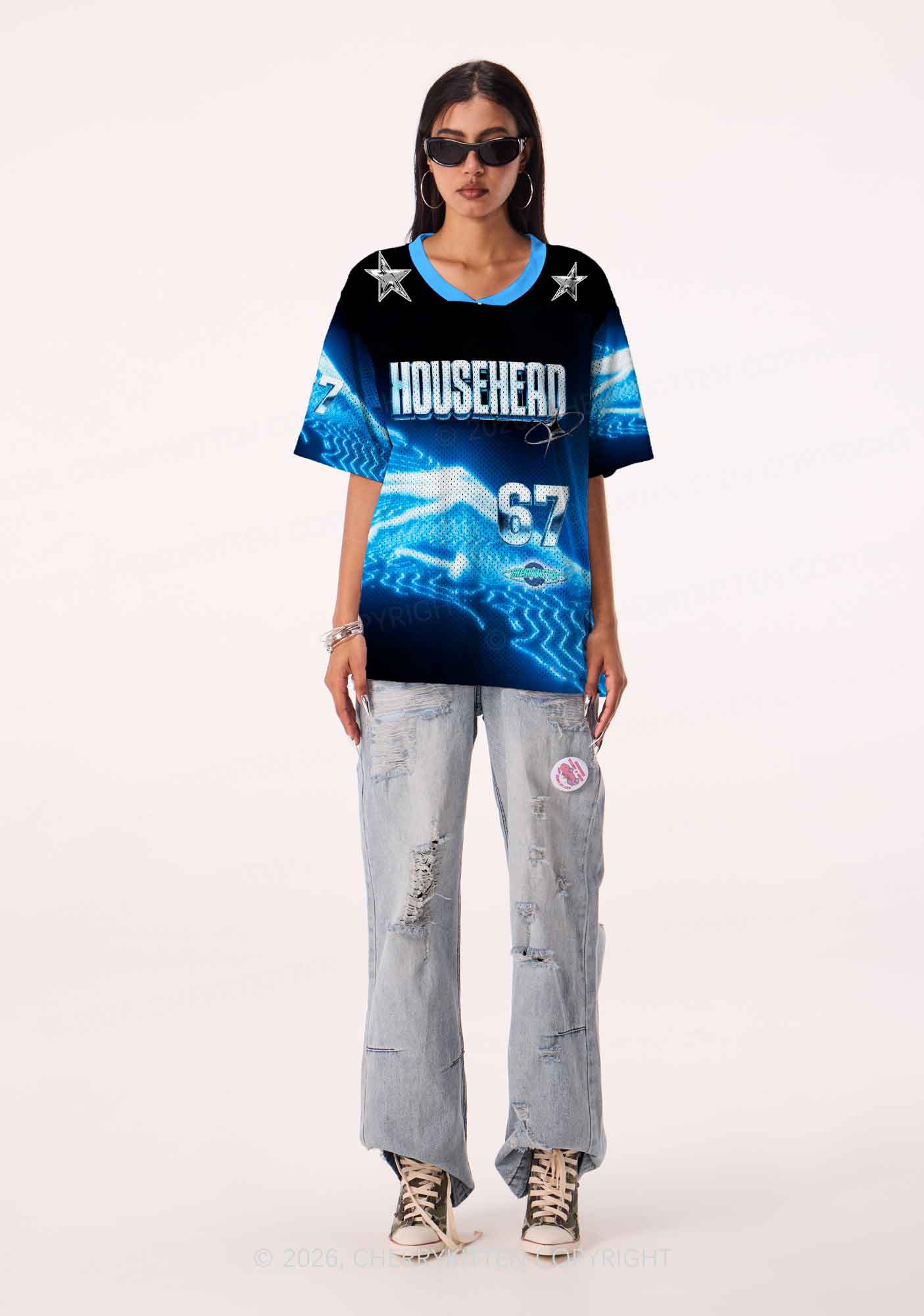 Blue Liquid Wave Househead Y2K Sport Jersey Shirts Cherrykitten