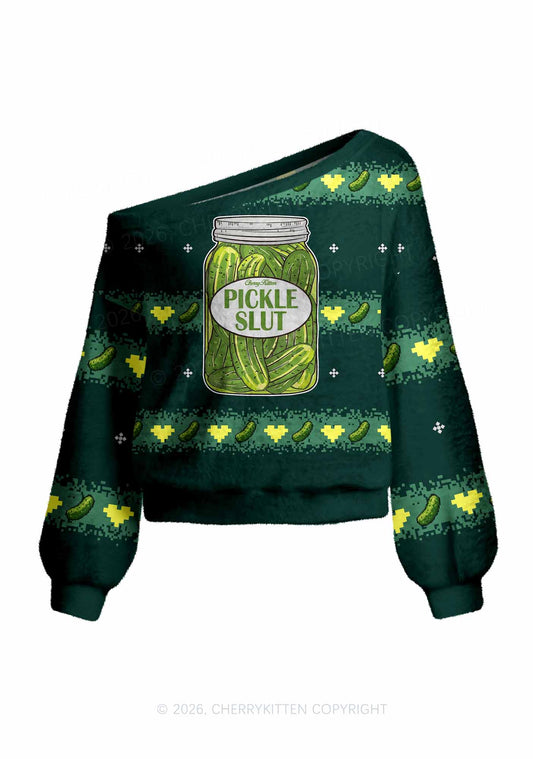 Green Pickle Slxt Y2K Off Shoulder Knit Sweatshirt Cherrykitten