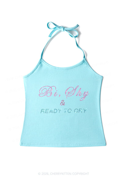 Rhinestone Bi Shy And Ready To Cry Pride Y2K Halter Neck Cami Cherrykitten