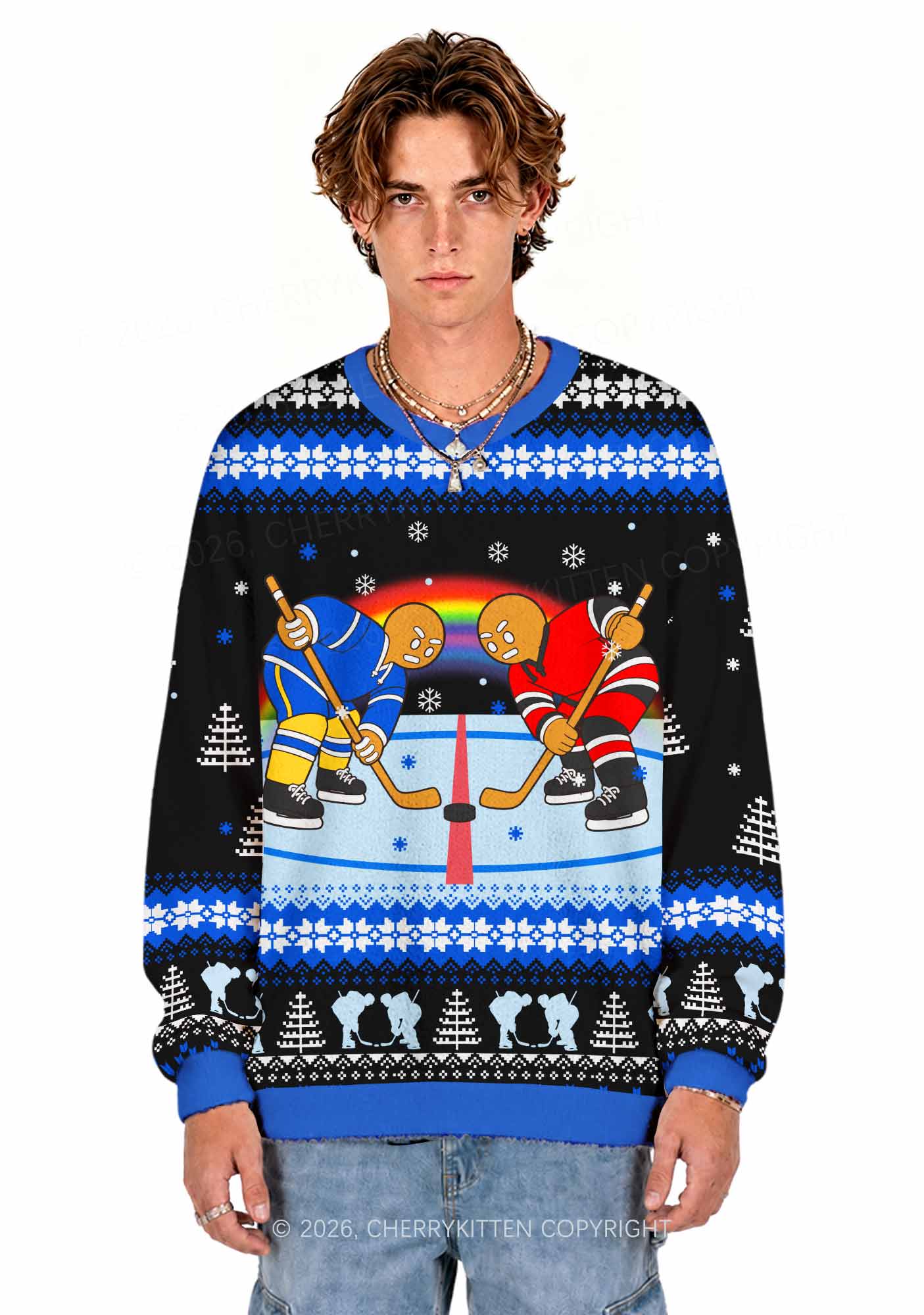 Blue Hockey Gingerbread Man Y2K Knit Sweatshirt Cherrykitten