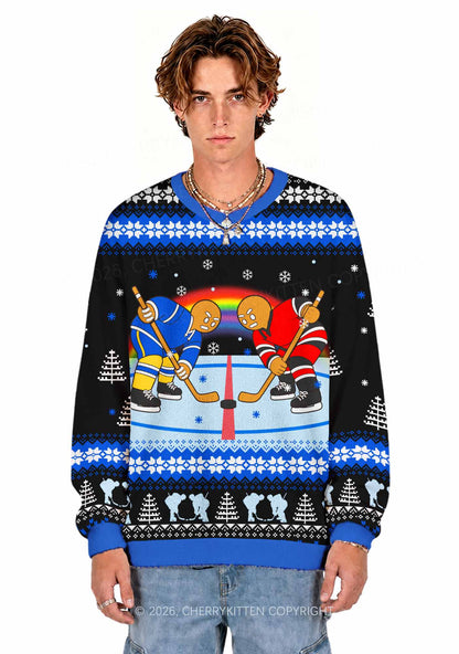Blue Hockey Gingerbread Man Y2K Knit Sweatshirt Cherrykitten