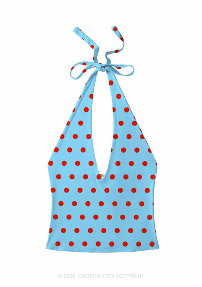 Red Dots On Blue Y2K Print Halter Deep V Neck Cami Cherrykitten
