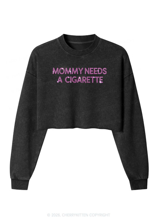 Rhinestone Mommy Needs Cigarette Y2K Crop Washed Sweatshirts Cherrykitten