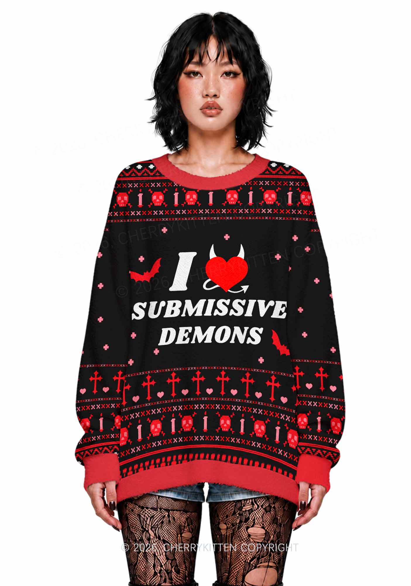 Halloween I Love S Demons Y2K Christmas Knit Sweatshirt Cherrykitten
