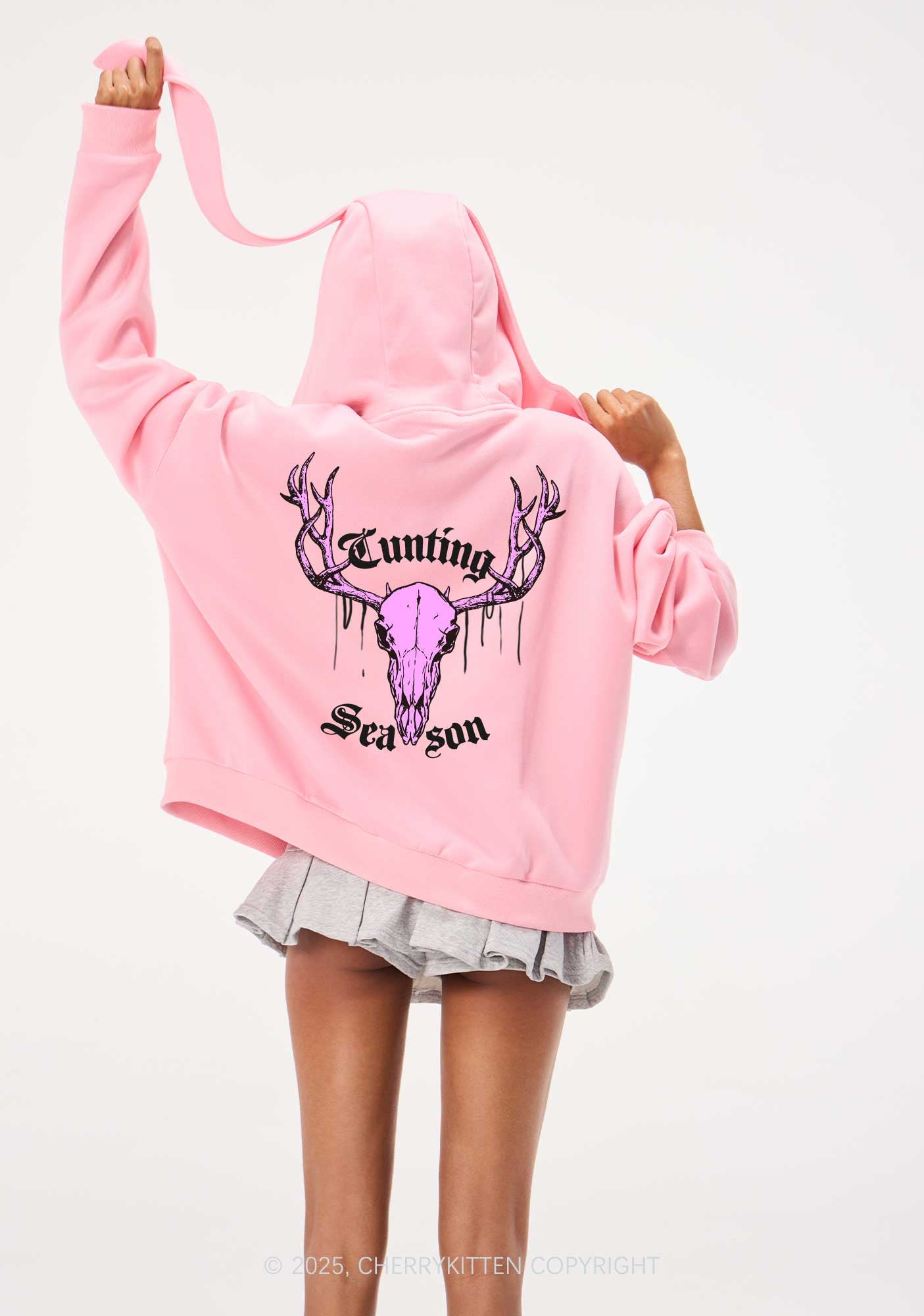 Cunting Season Skull Y2K Bunny Ear Zip Hoodie Cherrykitten