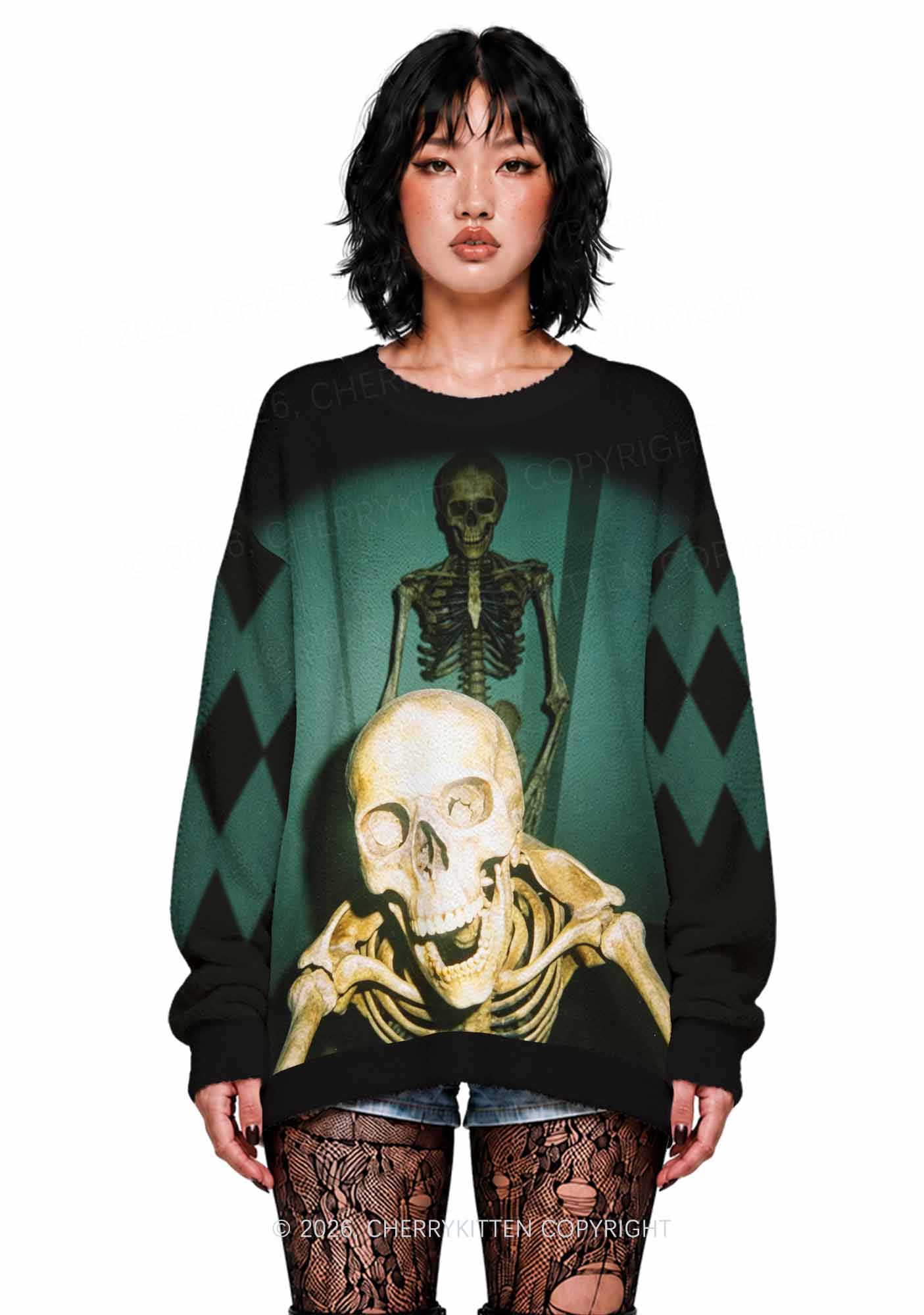Halloween Double Skeleton Selfie Y2K Knit Sweatshirt Cherrykitten