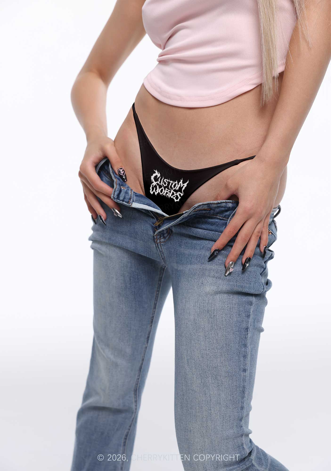 Custom Text Punk Font Y2K Bikini String Thong With Black Wings Cherrykitten