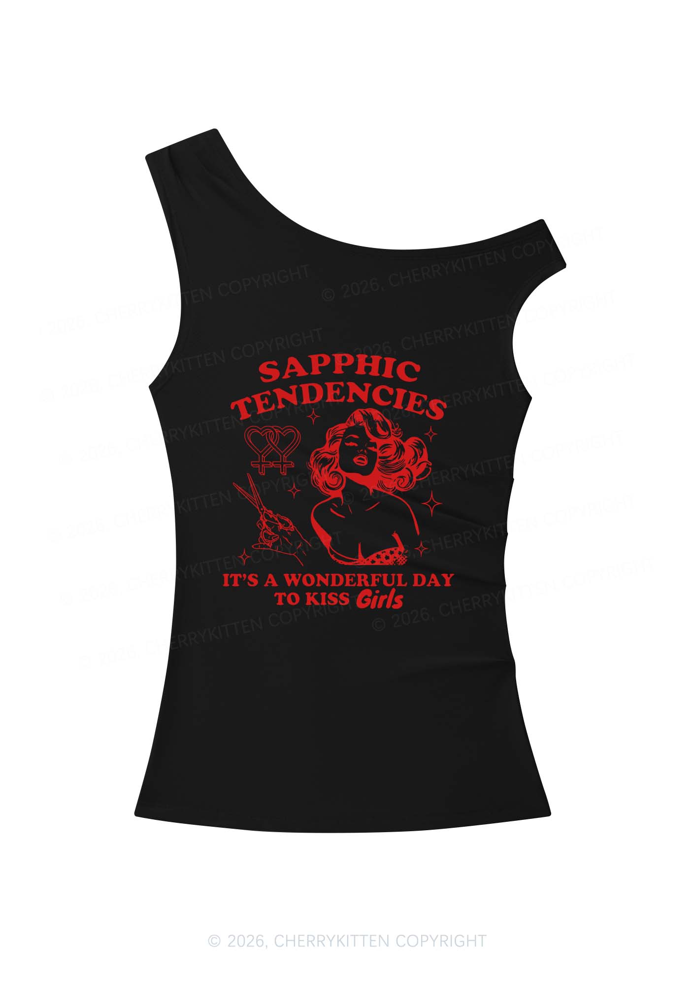 Sapphic Tendencies Kiss Girls Pride Y2K Off Shoulder Tank Top Cherrykitten