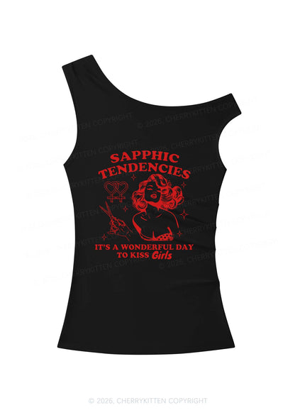 Sapphic Tendencies Kiss Girls Pride Y2K Off Shoulder Tank Top Cherrykitten
