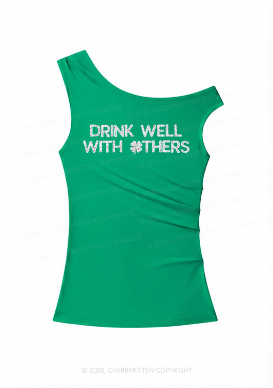 Glitter Drinks Well With Others St Patricks Y2K Off Shoulder Tank Top Cherrykitten