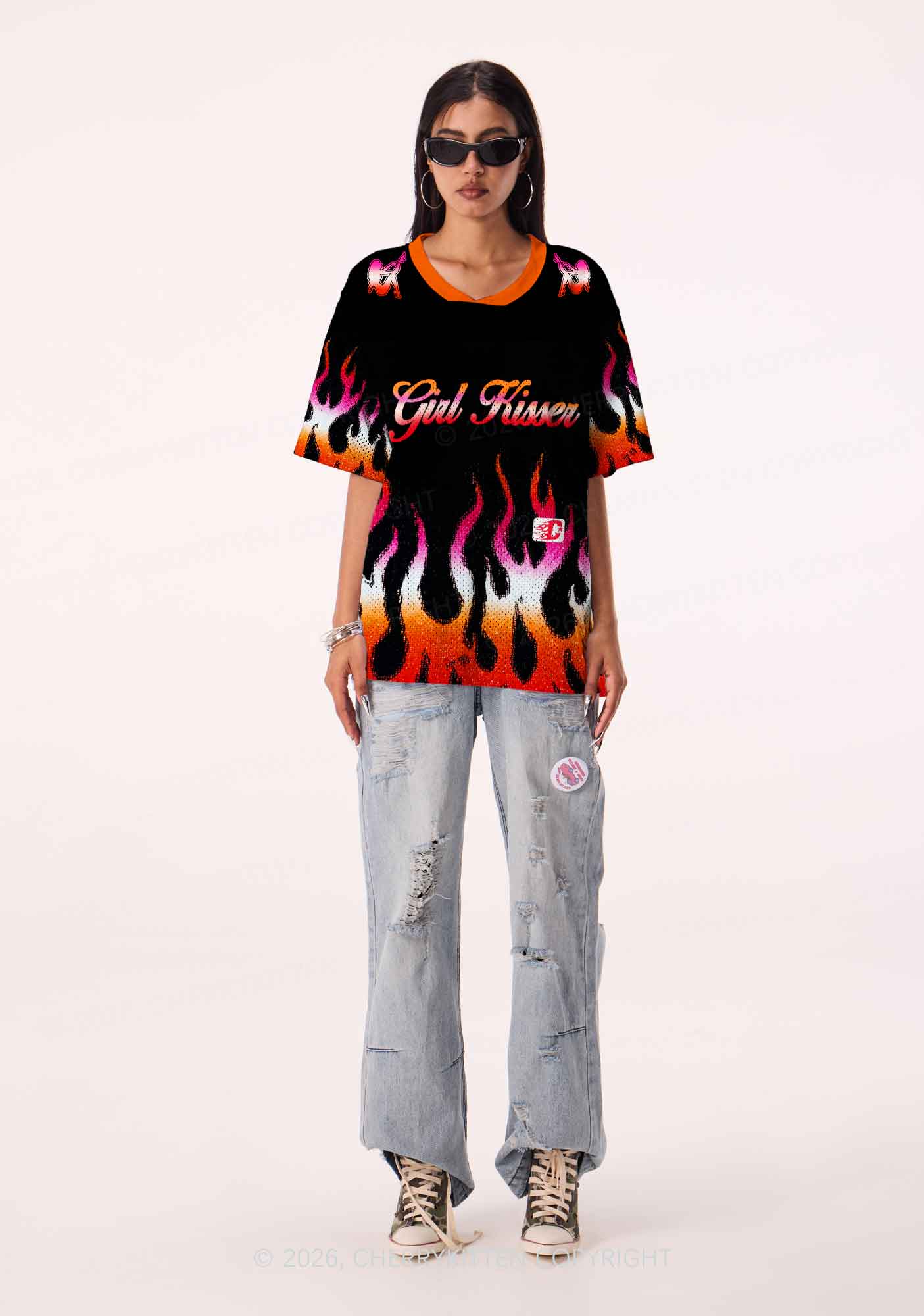 Girl Kisser Lesbian Flame Pride Y2K Sport Jersey Shirts Cherrykitten