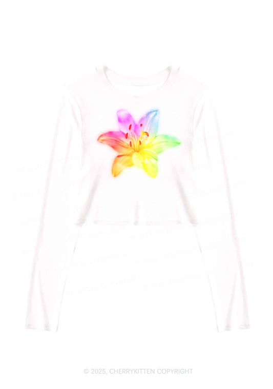 Rainbow Lily Pride Y2K Mesh Long Sleeve Crop Top Cherrykitten