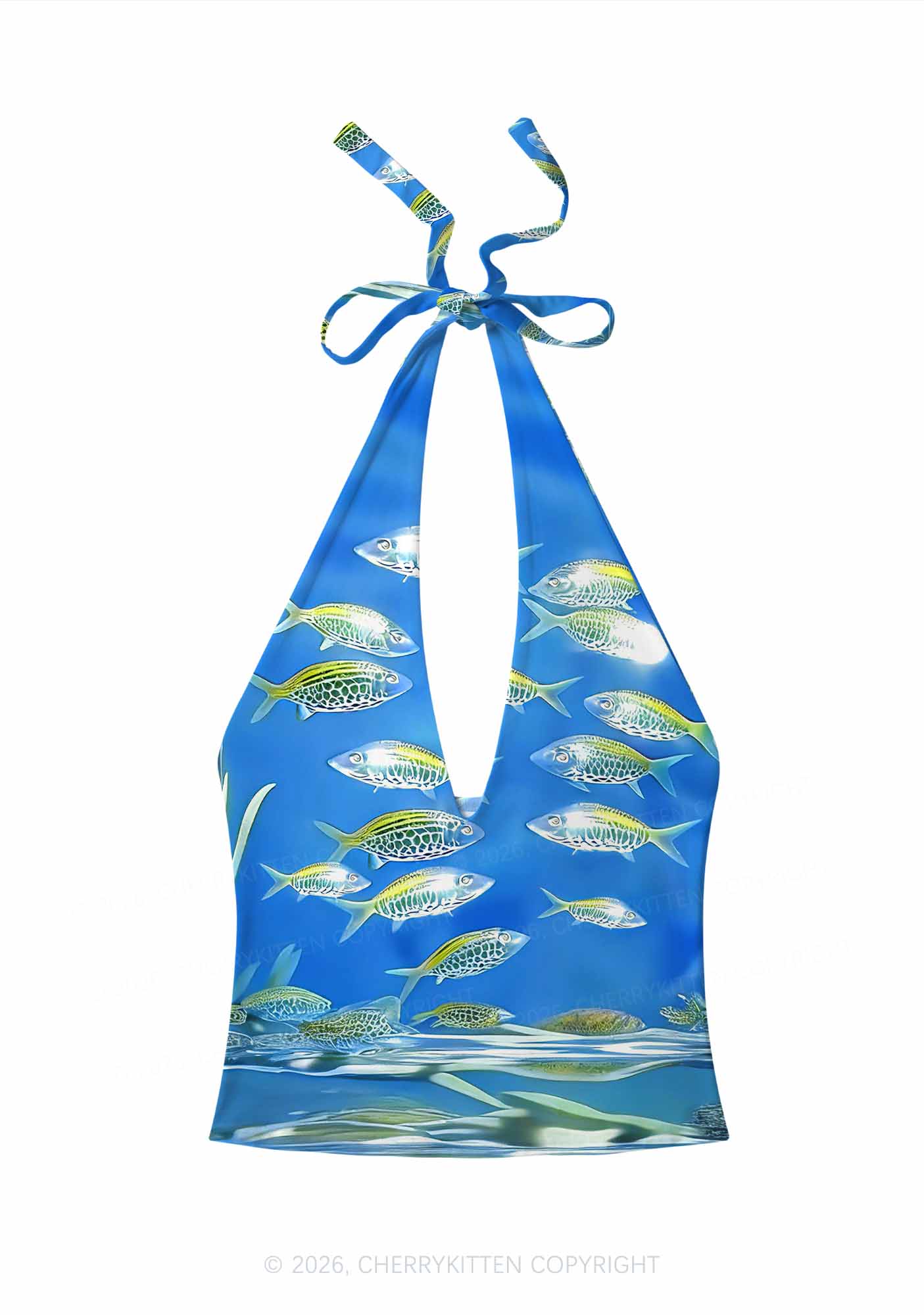 Undersea Fish Y2K Print Halter Deep V Neck Cami Cherrykitten