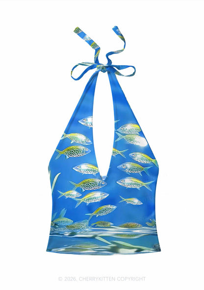 Undersea Fish Y2K Print Halter Deep V Neck Cami Cherrykitten