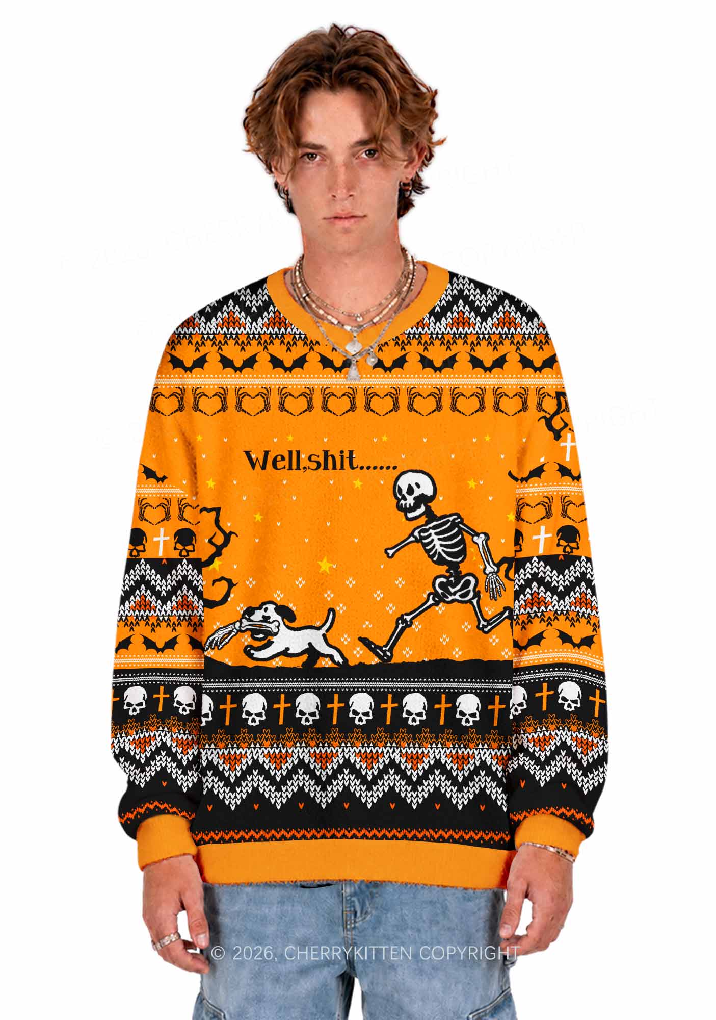 Halloween Skeleton Dog Well Shxt Y2K Christmas Knit Sweatshirt Cherrykitten