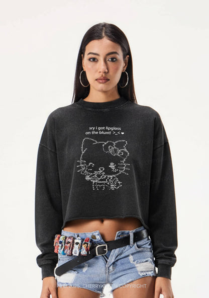 Sorry About Lipgloss Y2K Crop Washed Sweatshirts Cherrykitten