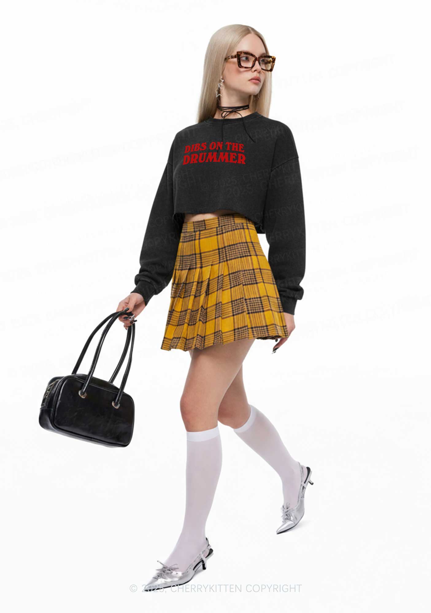 Dibs On The Drummer Y2K Crop Washed Sweatshirts Cherrykitten