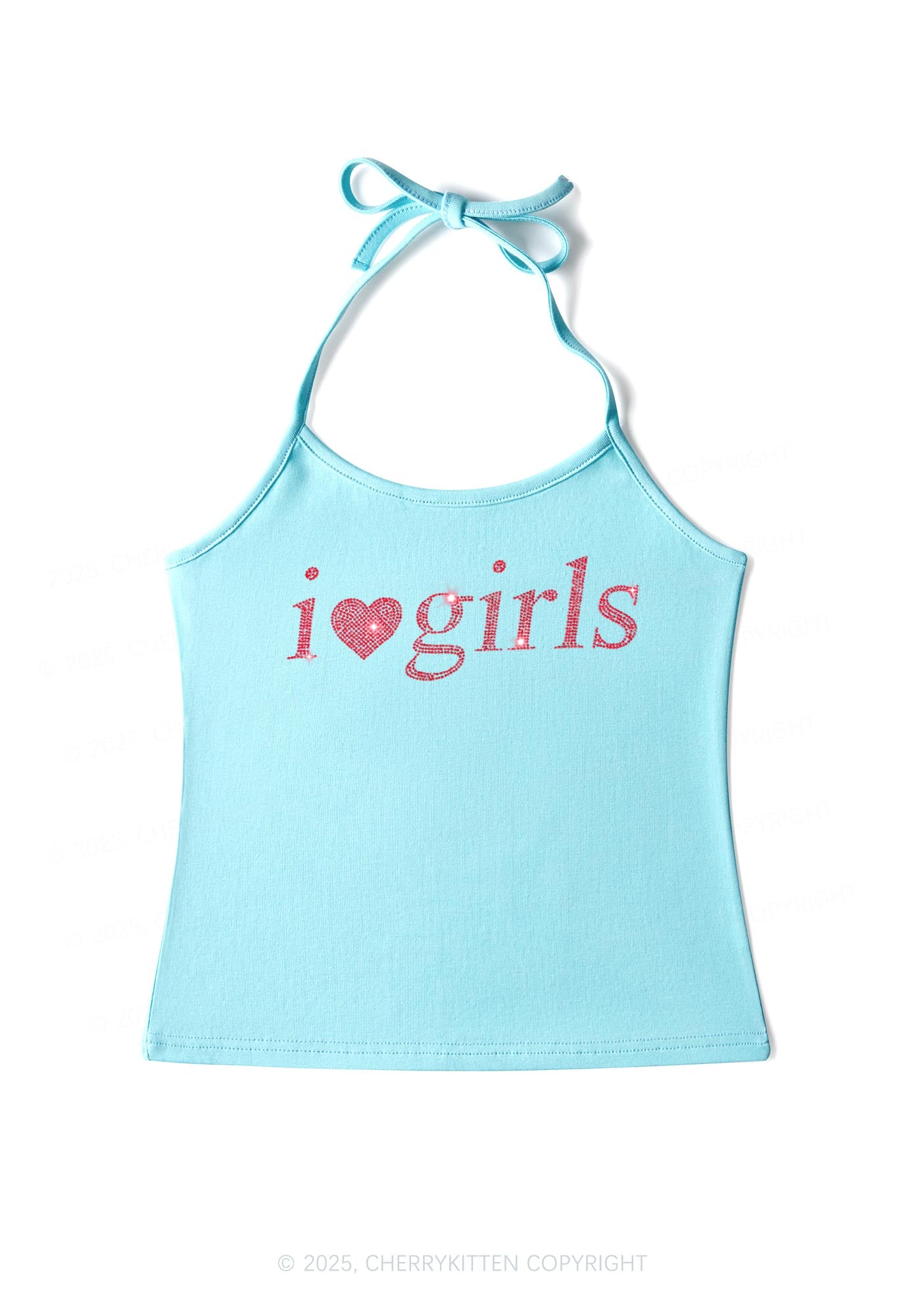 Rhinestone I Love Girls Y2K Halter Neck Cami Cherrykitten