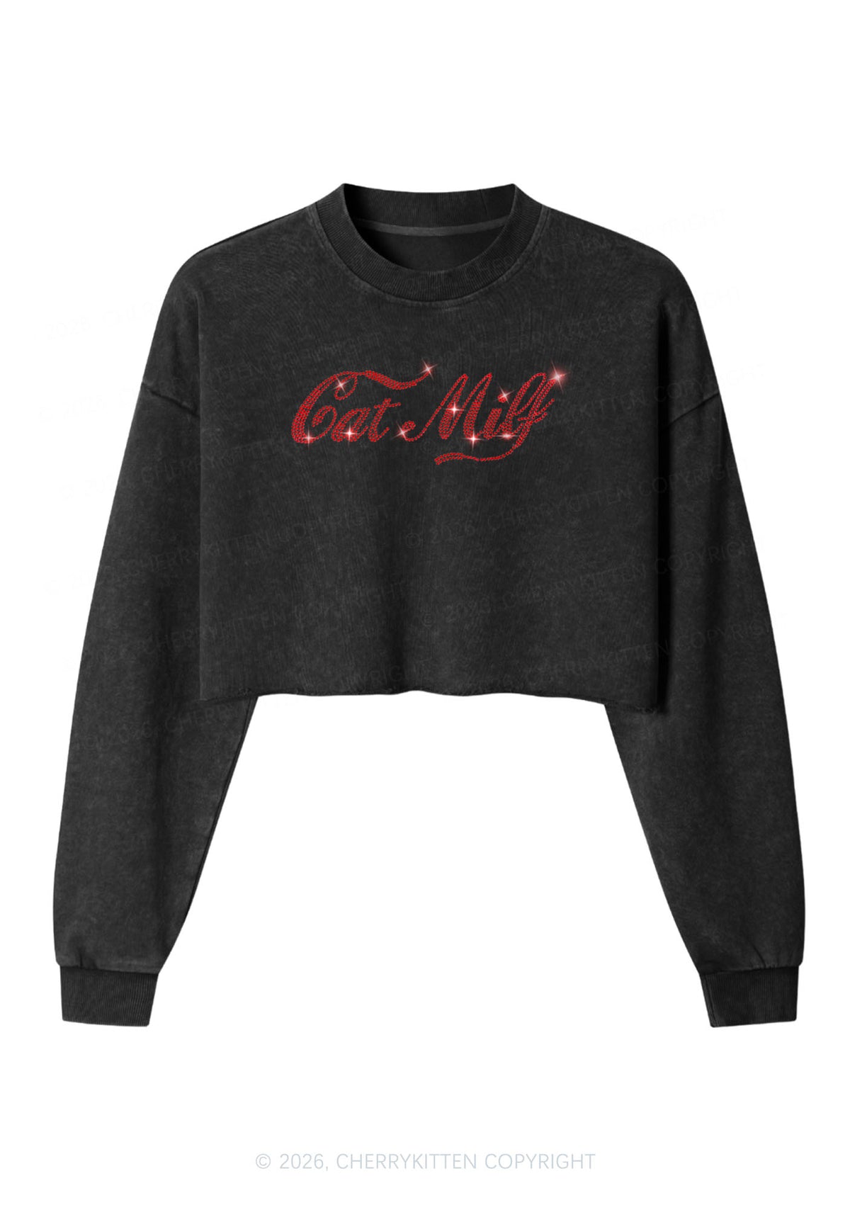 Rhinestone Cat Mxxf Y2K Crop Washed Sweatshirts Cherrykitten