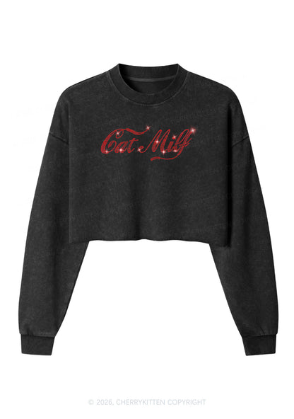 Rhinestone Cat Mxxf Y2K Crop Washed Sweatshirts Cherrykitten