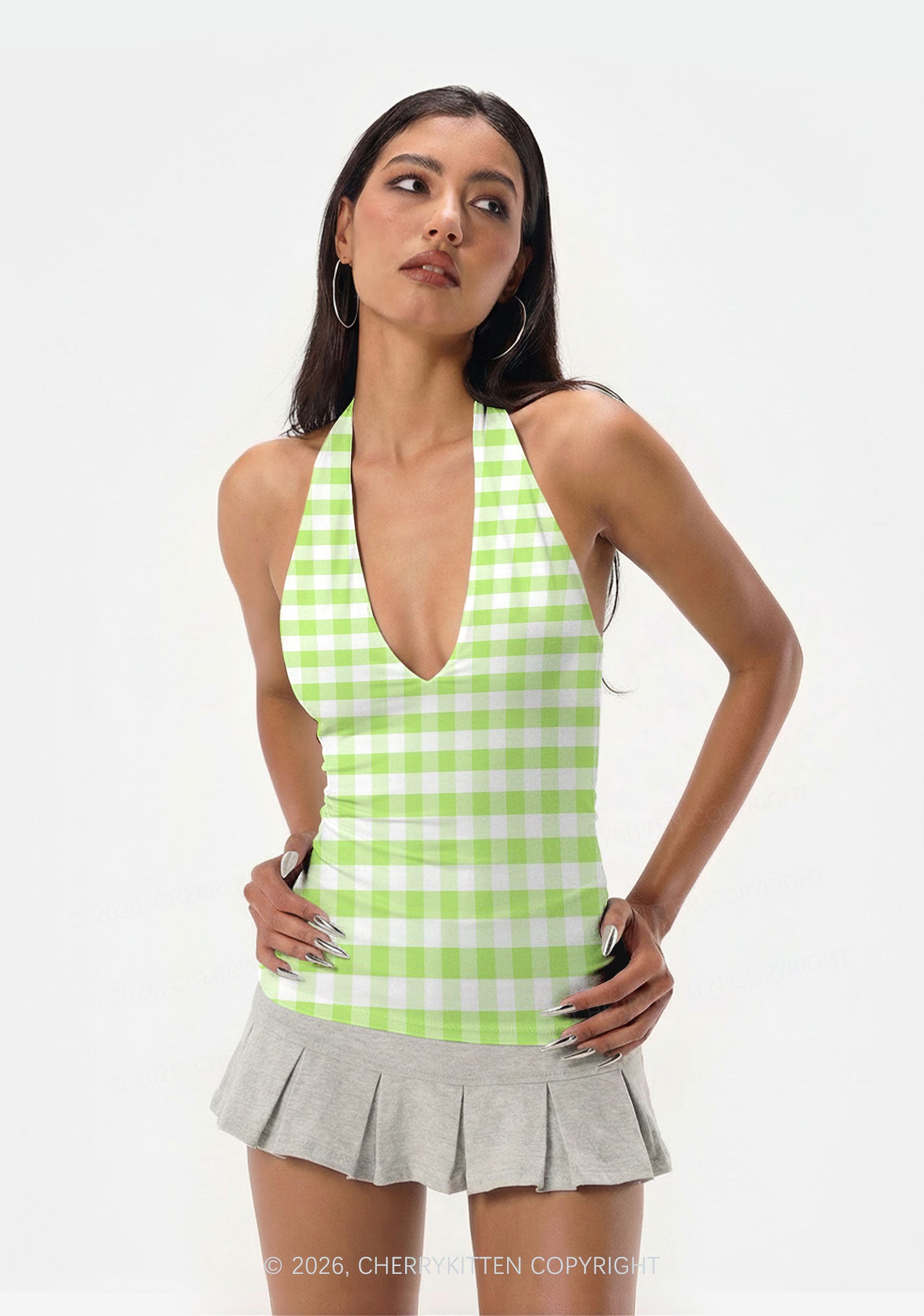 White Green Plaid Y2K Print Halter Deep V Neck Cami Cherrykitten
