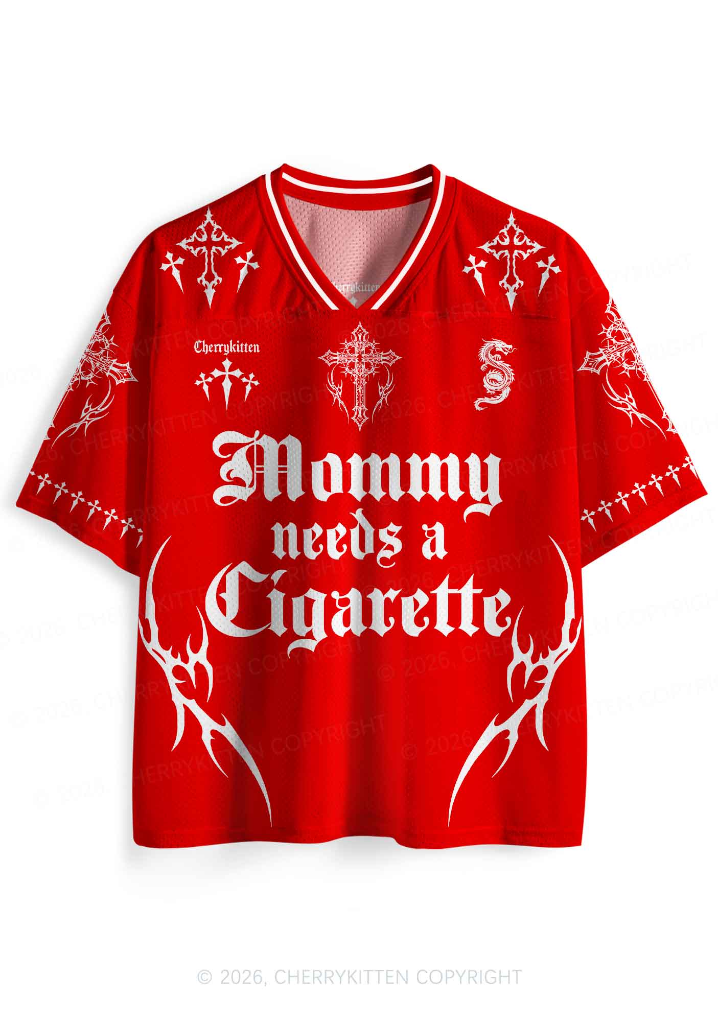 Red Gothic Mommy Needs A Cigarette Y2K Sport Jersey Shirts Cherrykitten