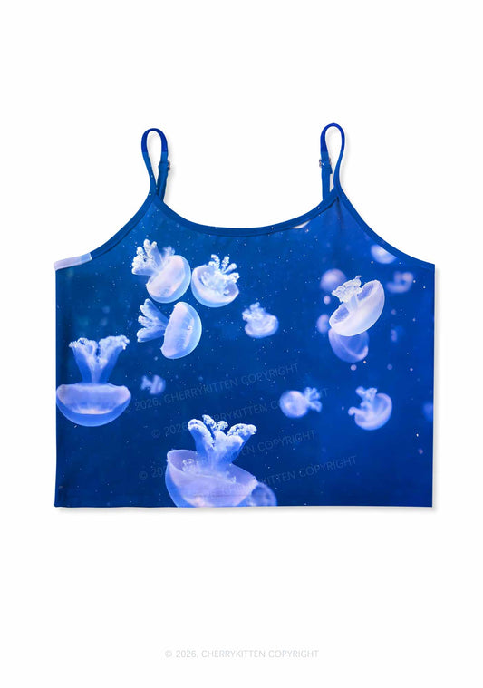 Deep Sea White Jellyfish Y2K Print Cami Crop Top Cherrykitten