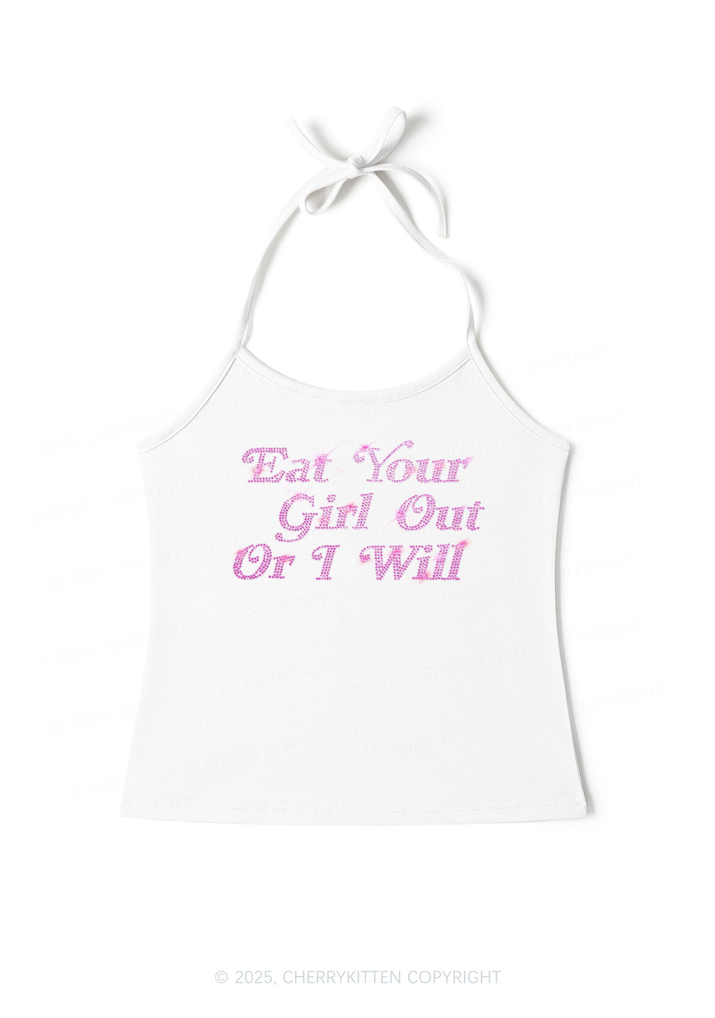 Rhinestone Eat Your Girl Out Y2K Halter Neck Cami Cherrykitten