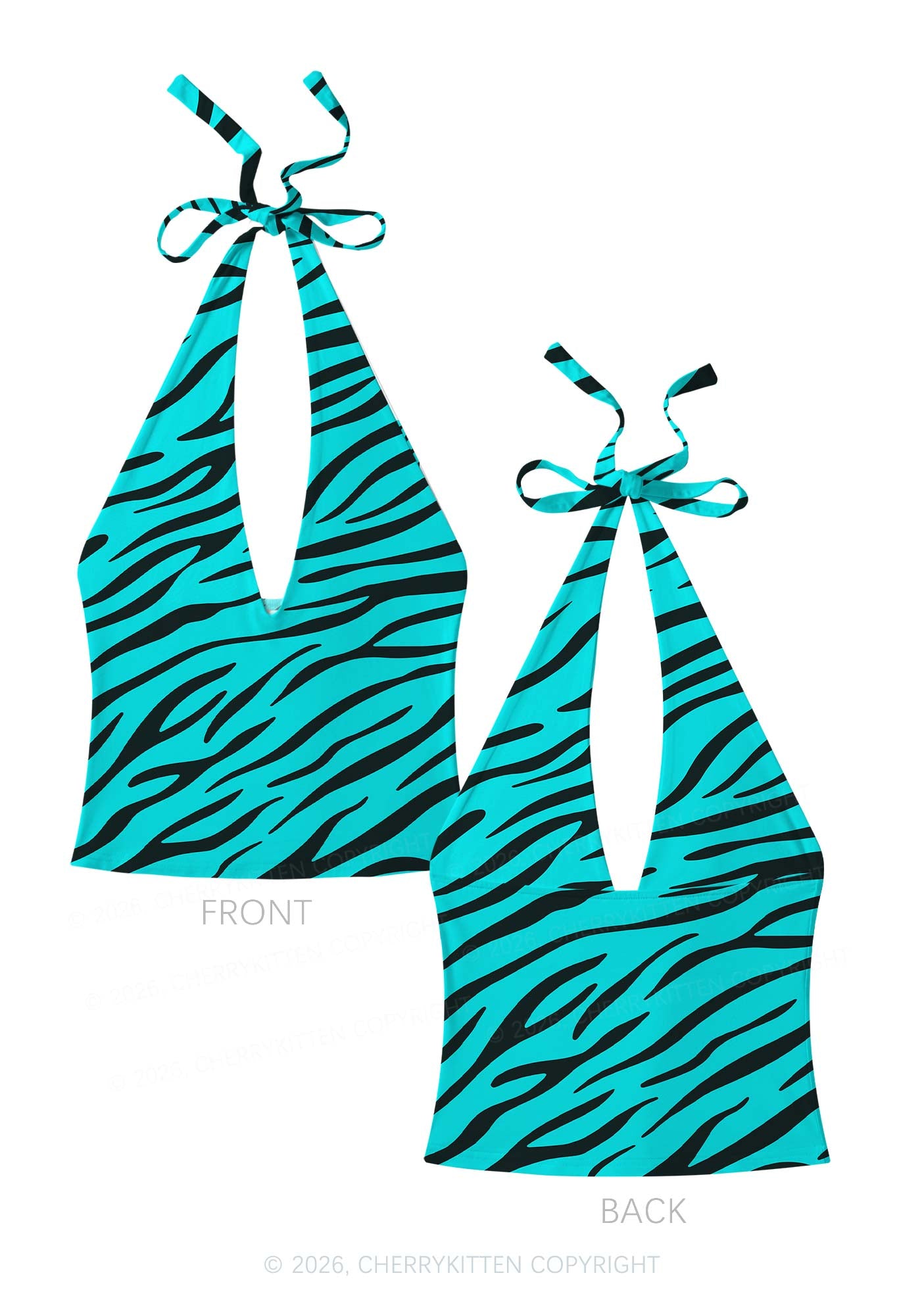 Bright Cyan Zebra Stripes Y2K Print Halter Deep V Neck Cami Cherrykitten