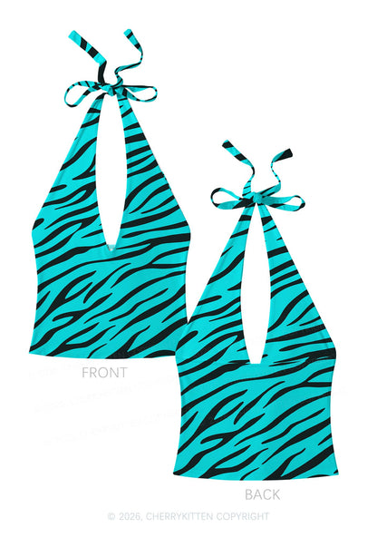 Bright Cyan Zebra Stripes Y2K Print Halter Deep V Neck Cami Cherrykitten