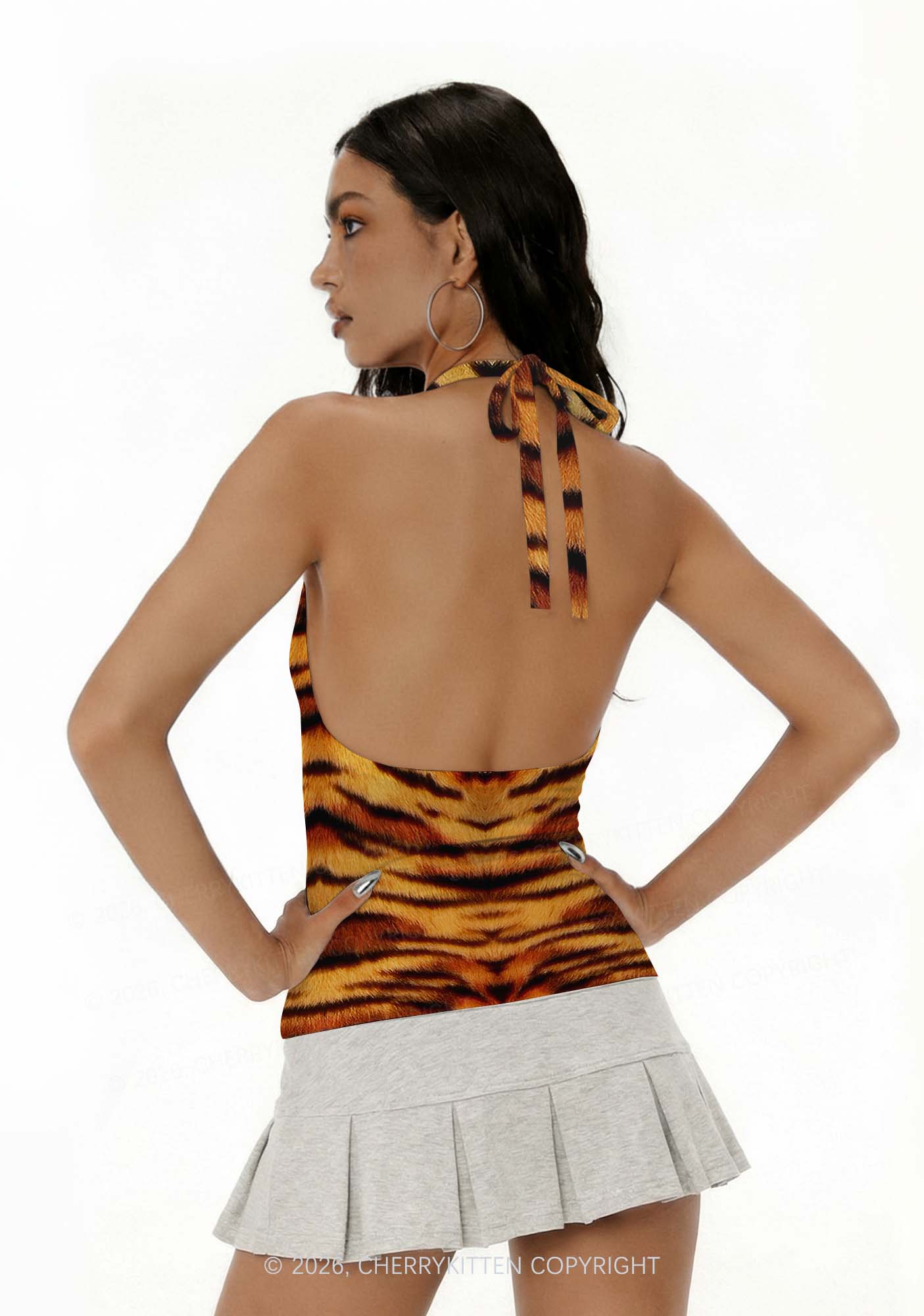 Wild Tiger Texture Y2K Print Halter Deep V Neck Cami Cherrykitten