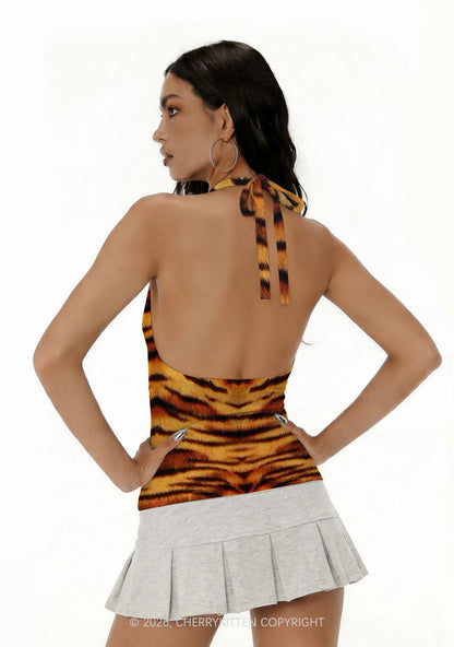 Wild Tiger Texture Y2K Print Halter Deep V Neck Cami Cherrykitten