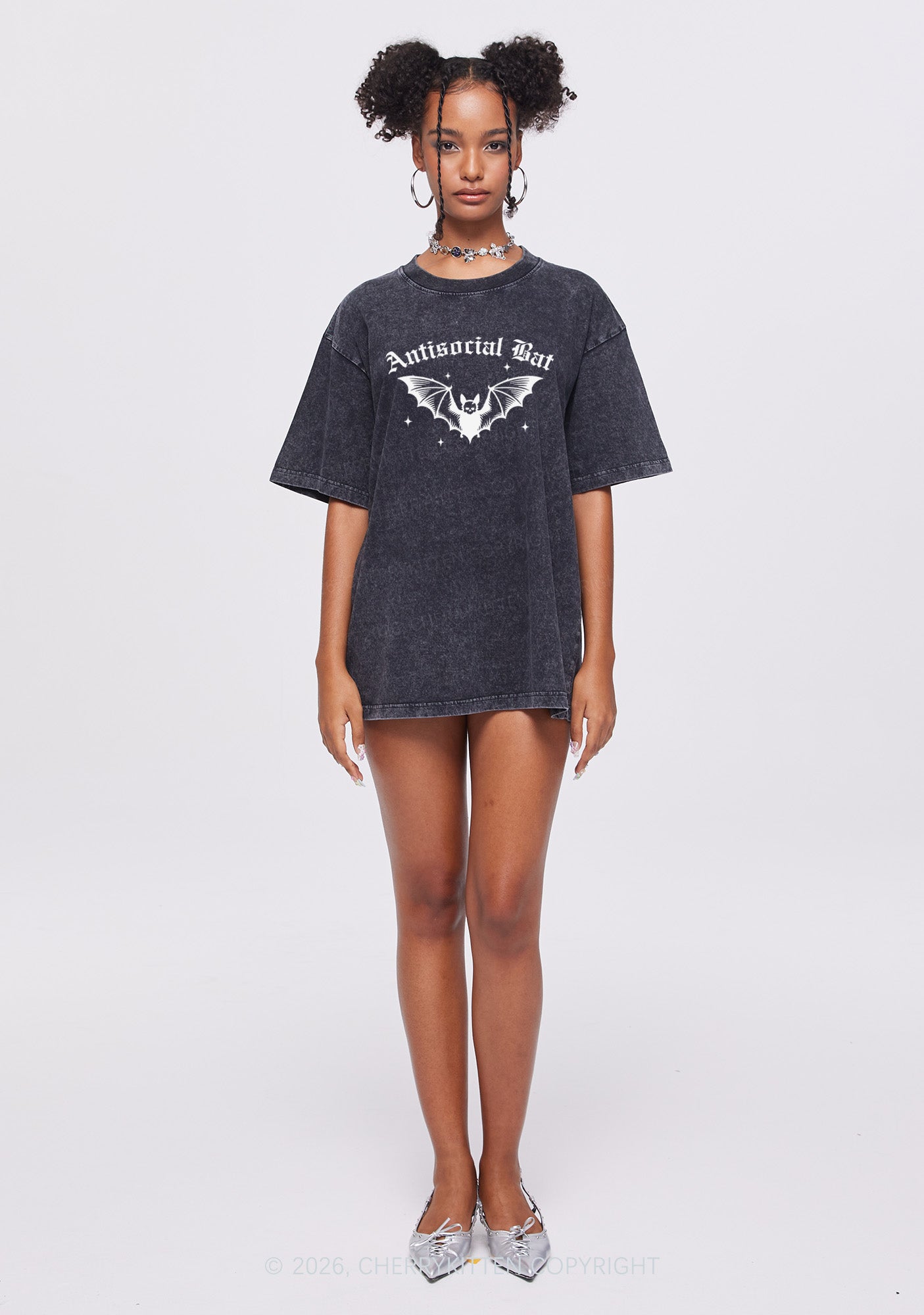 Halloween Antisocial Bat Y2K Shirts Washed Tee Cherrykitten