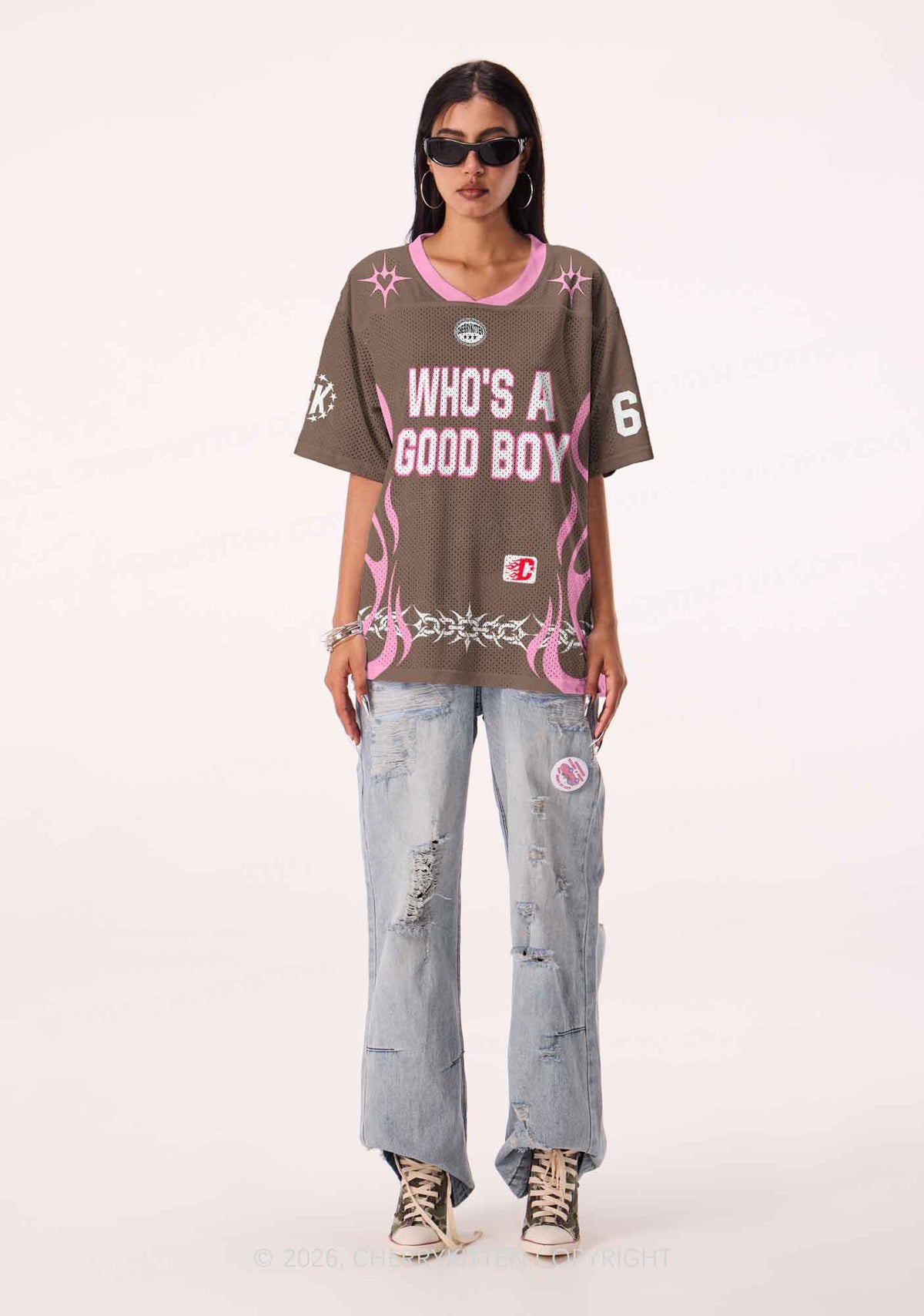 Brown Whos A Good Boy Y2K Sport Jersey Shirts Cherrykitten