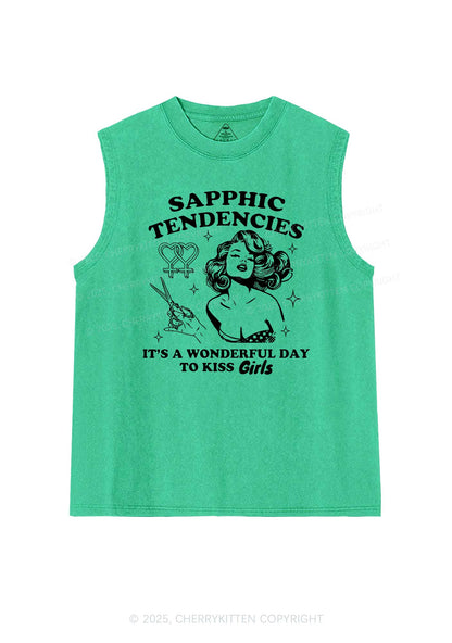 Sapphic Tendencies Kiss Girls Pride Y2K Washed Muscle Tank Cherrykitten