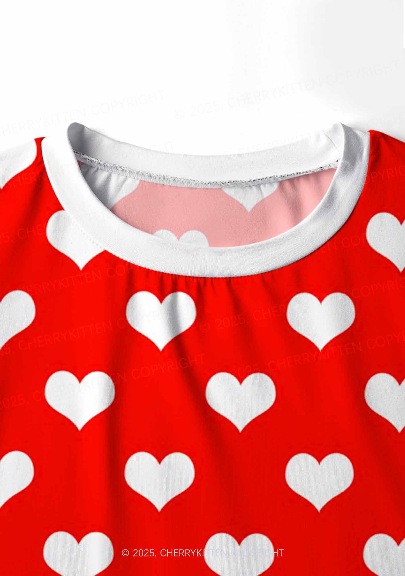 White Heart On Red Valentine's Day Y2K Print Long Sleeve Pajama Set Cherrykitten