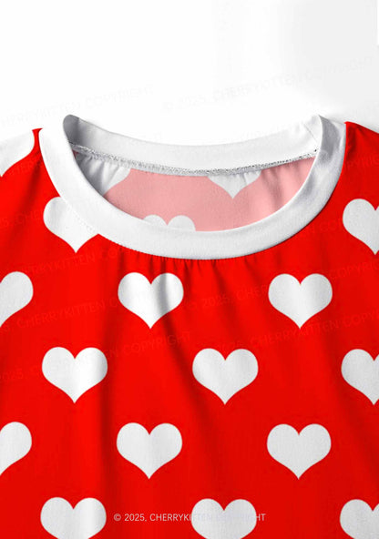 White Heart On Red Valentine's Day Y2K Print Long Sleeve Pajama Set Cherrykitten