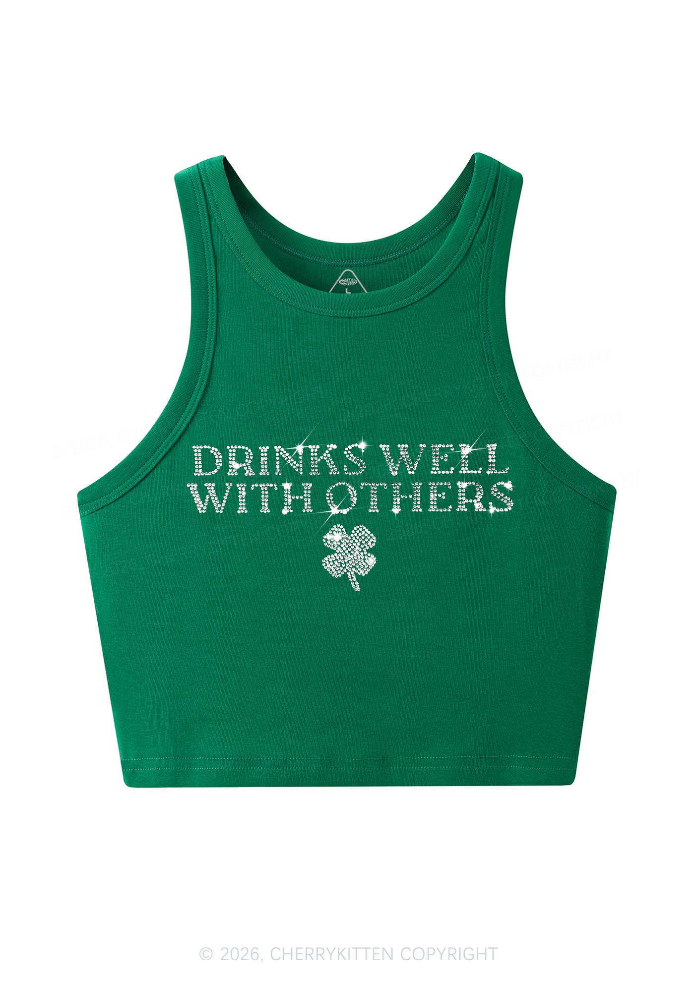 Rhinestone Drinks Well With Others St Patricks Y2K Crop Tank Top Cherrykitten