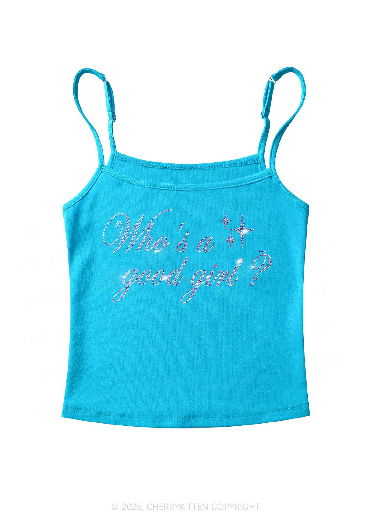 Rhinestone Whos A Good Girl Y2K Spaghetti Strap Cami Cherrykitten
