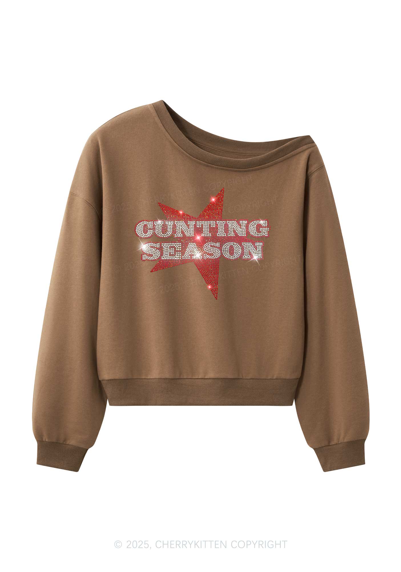 Rhinestone Cunting Season Y2K Off Shoulder Sweatshirts Cherrykitten
