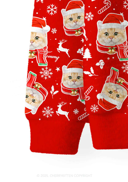 Custom Candy Cat Face Y2K Christmas Cardigan Knit Sweatshirt Cherrykitten