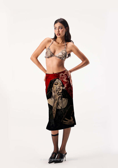 Gothic Tattoos Nun Y2K Print Midi Skirt Cherrykitten