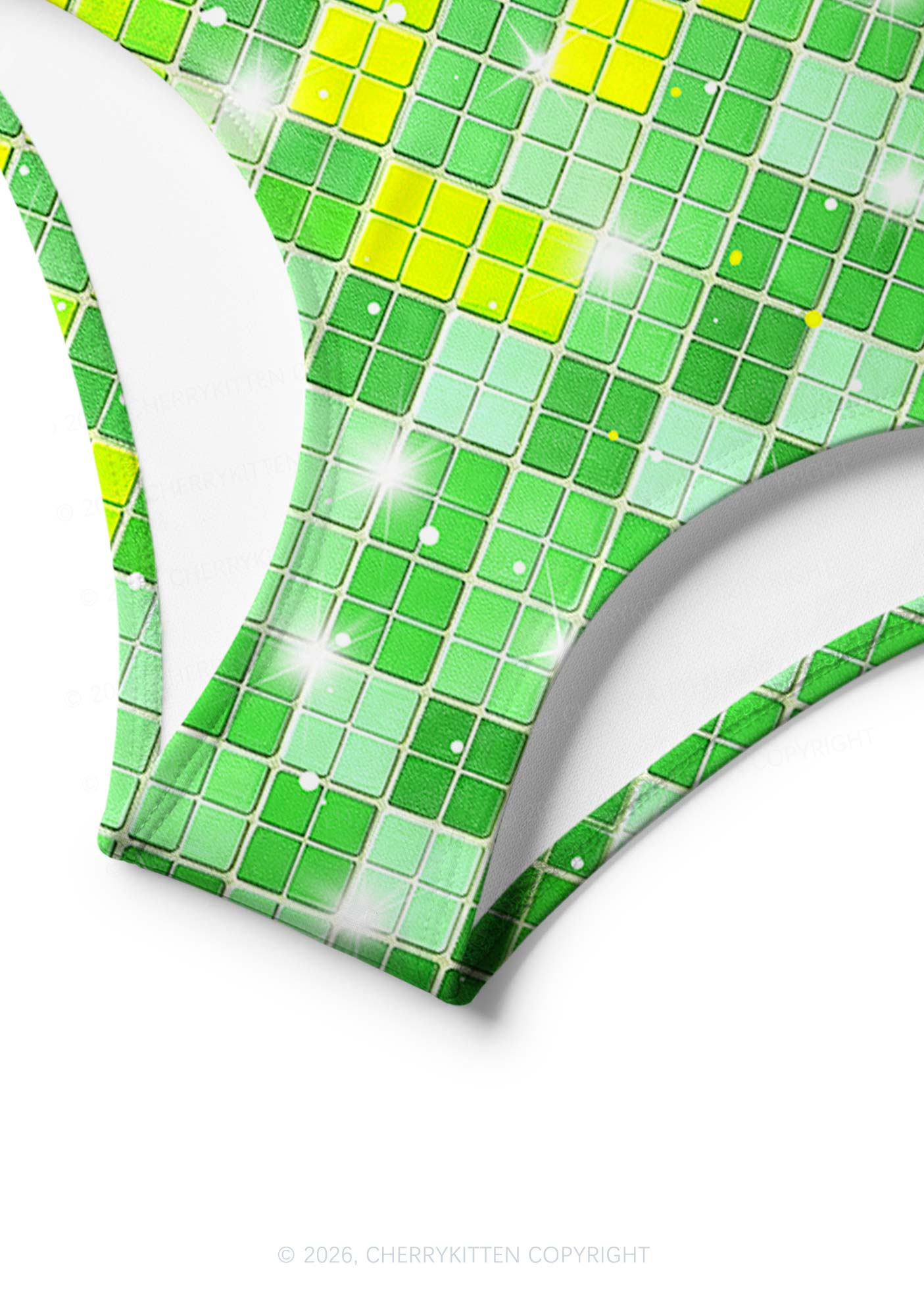 Green Disco Ball Grid Y2K Print Bikini Set Cherrykitten
