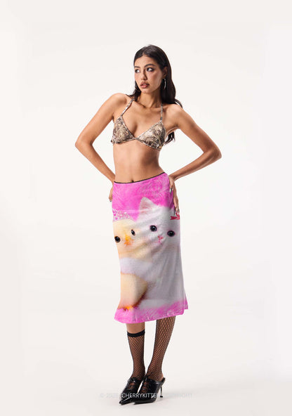 Kitten Hugging Chick Y2K Print Midi Skirt Cherrykitten