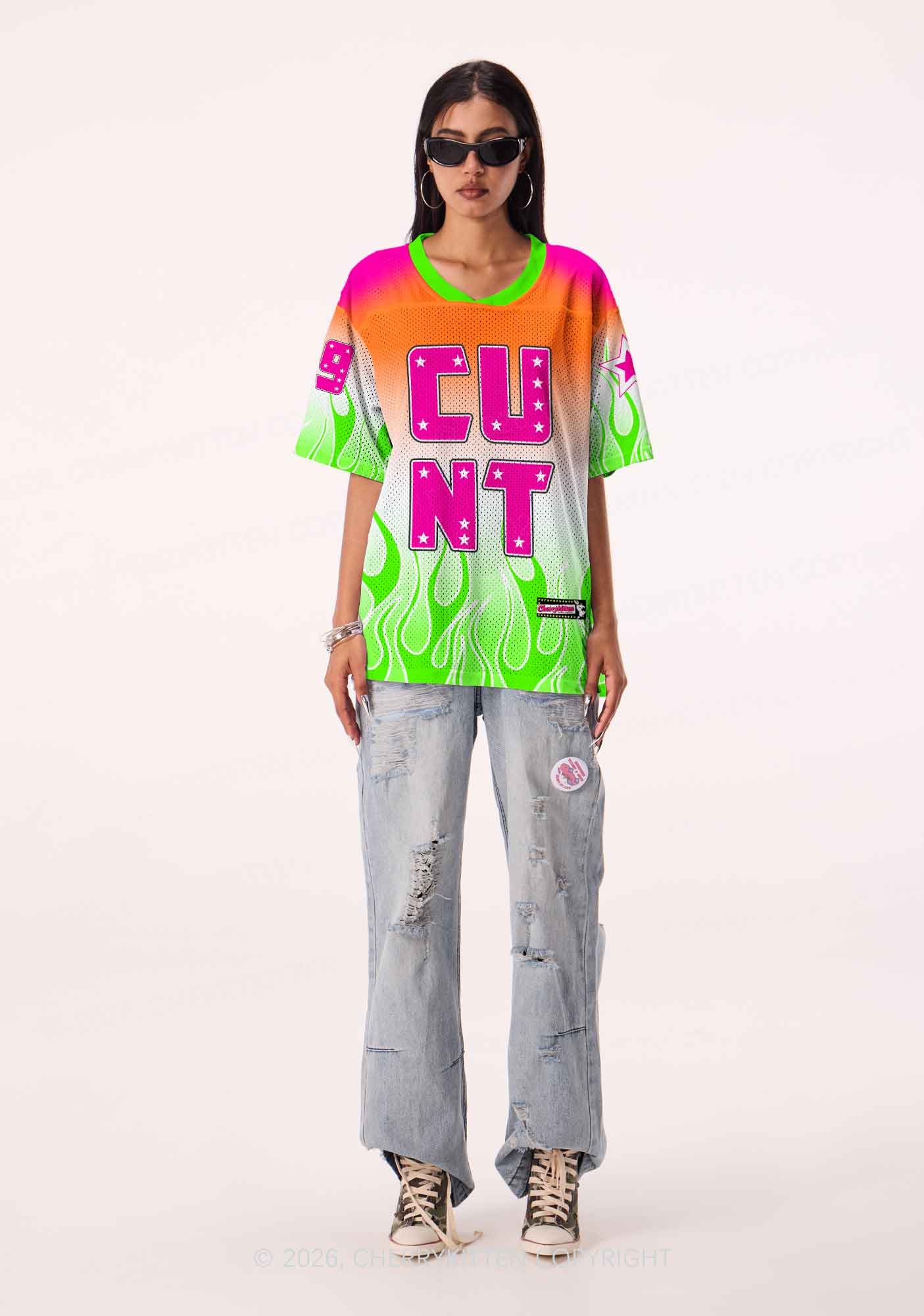 Pink Cxxt Green Flame Y2K Sport Jersey Shirts Cherrykitten